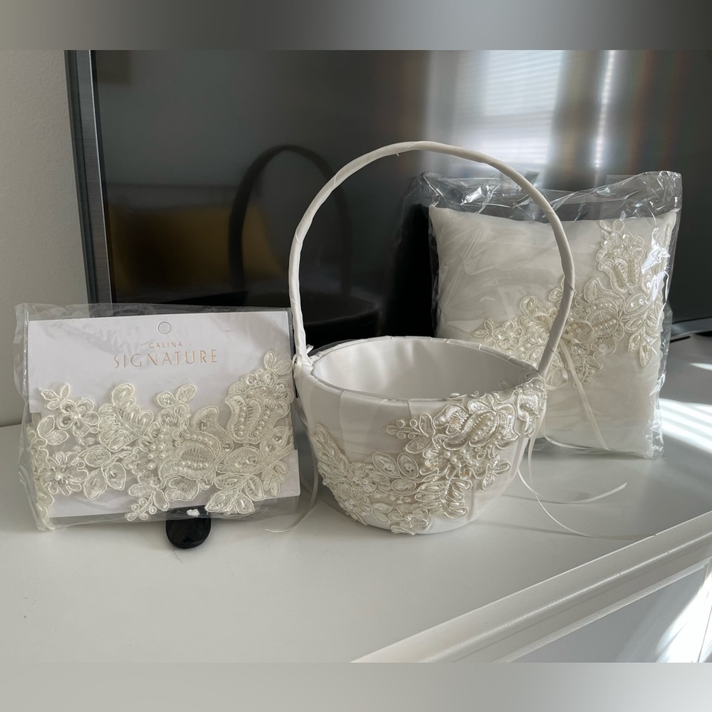 Matching ivory flower girl basket, ring bearer pillow & garter for wedding